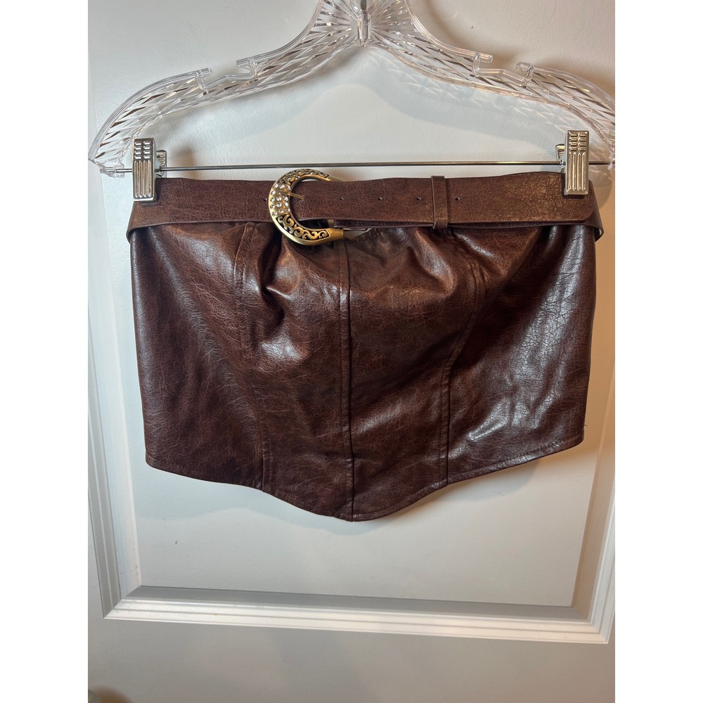 SHEIN Womens Tube Top Faux Leather Rhinestone Buckle Brown Size L